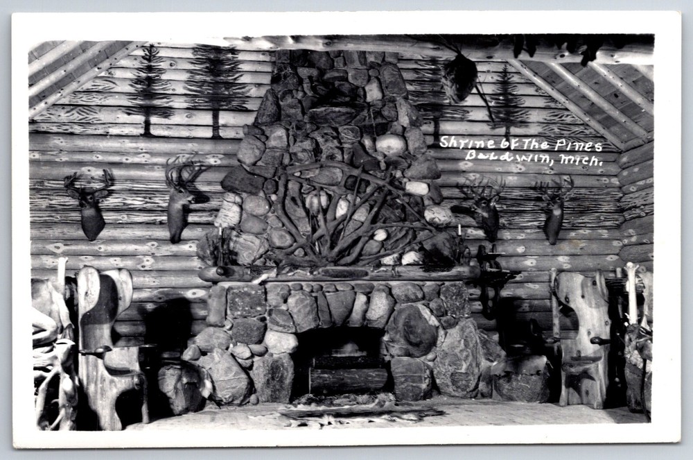 RPPC~Baldwin Michigan~Shrine Of The Pines Interior Fireplace~Real Photo Postcard