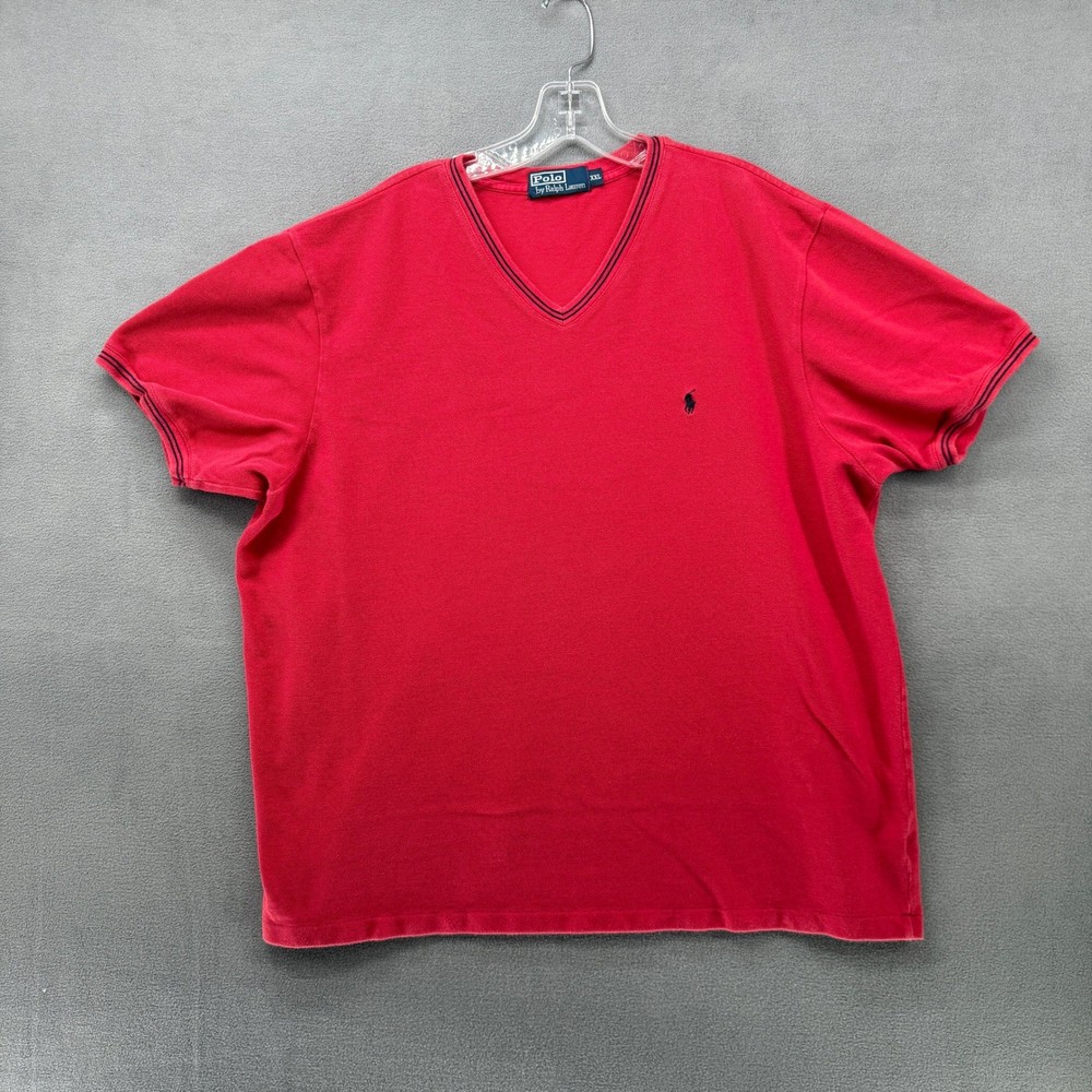 Polo Ralph Lauren Mens XXL Red V-Neck Pique T-Shirt Striped Trim Pony USA