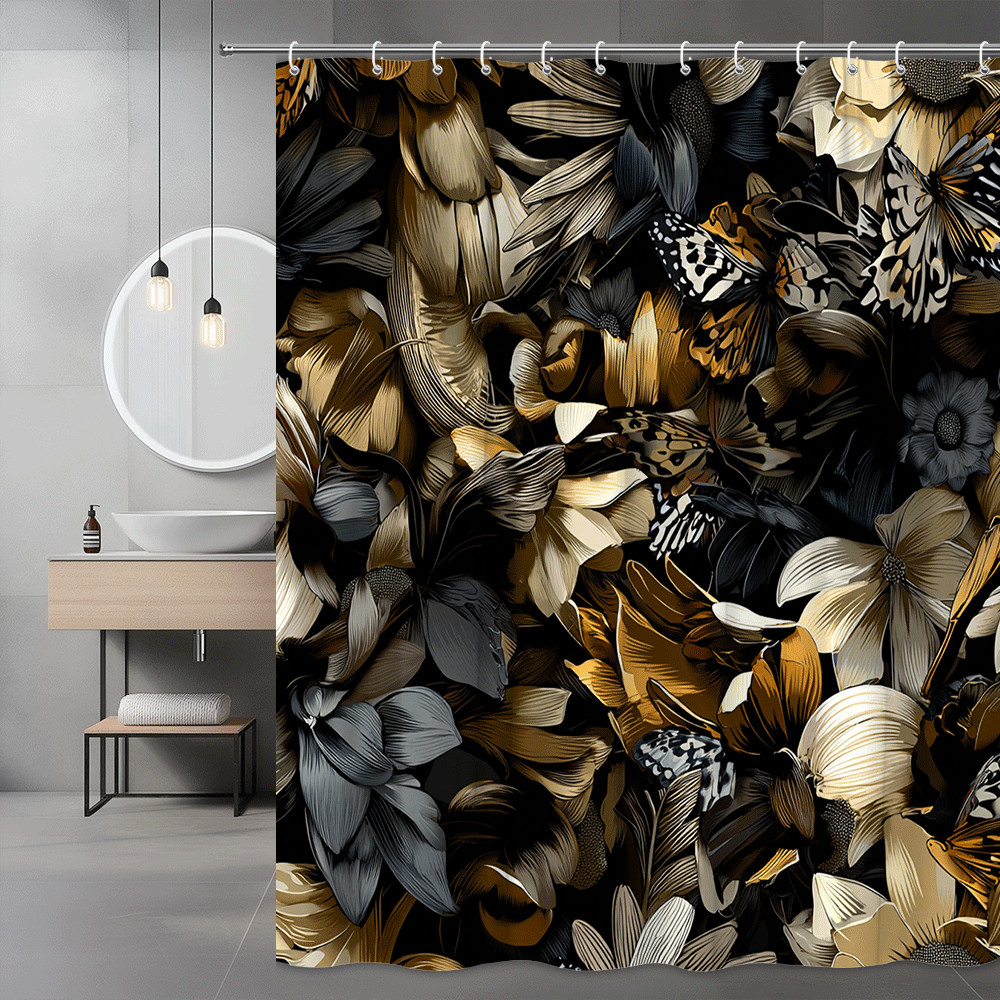 Black Gold Floral Butterfly Shower Curtain Graphic Print