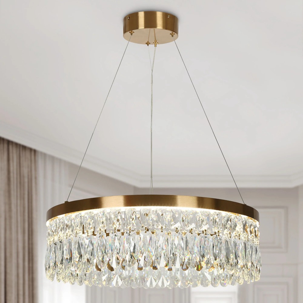 Modern Brass LED Crystal Drum Chandelier for Dining Living Room Lighting  