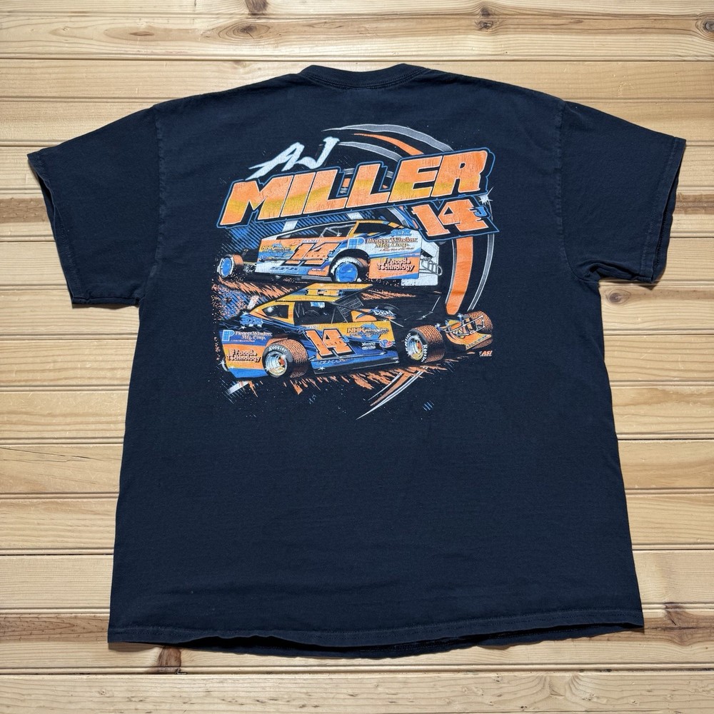 AJ Miller #14 Dirt Track Stock Car Racing Sponsors Graphic Shirt Size XL
