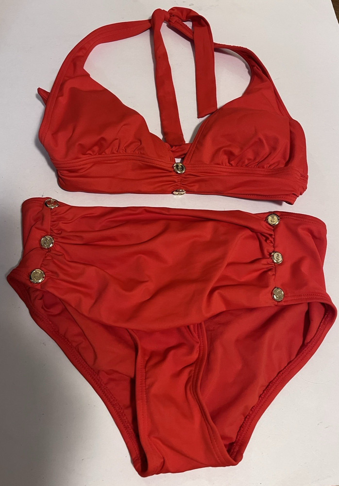 Juicy Couture Rare Y2K Two Piece Halter Bikini Swimsuit Orange Gold Logo Small
