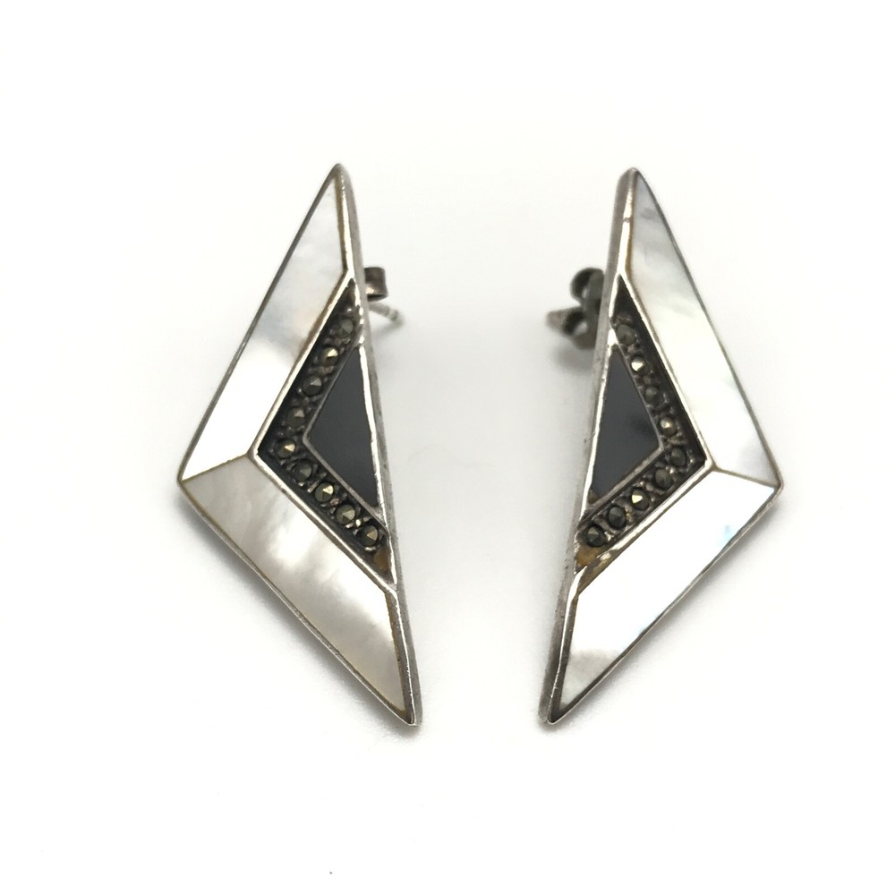 Vintage Sterling Silver Mother Of Pearl Marcasite Onyx Triangle Post Earrings