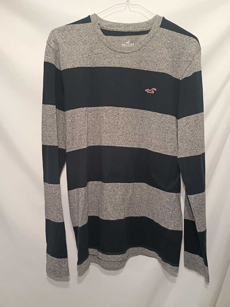Hollister Men's Striped Long Sleeve Cotton Blend Logo T-Shirt Gray Black S