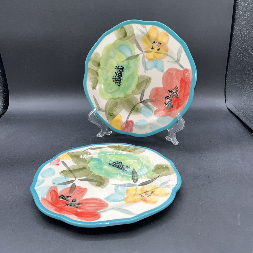 2 - The Pioneer Woman Salad Dessert Plates VTG  Bloom 8.5” Scalloped Turquoise