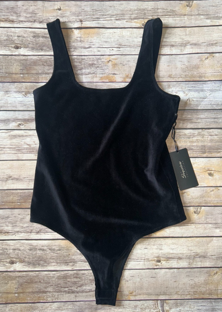 Women's Shinestar Black Sleeveless Velvet Bodysuit Size L
