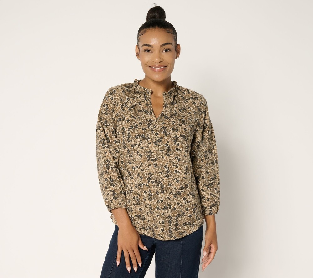 Ree by The Pioneer Woman Women's Top Sz XS Pier Printed Ruffle Neck Brown