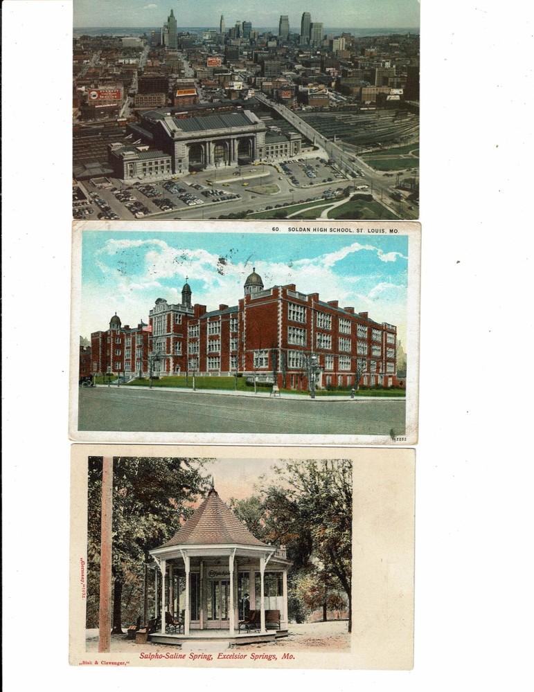 3 Card Missouri Lot, Kansas City Railroad Station, St. Louis School, Excelsior S
