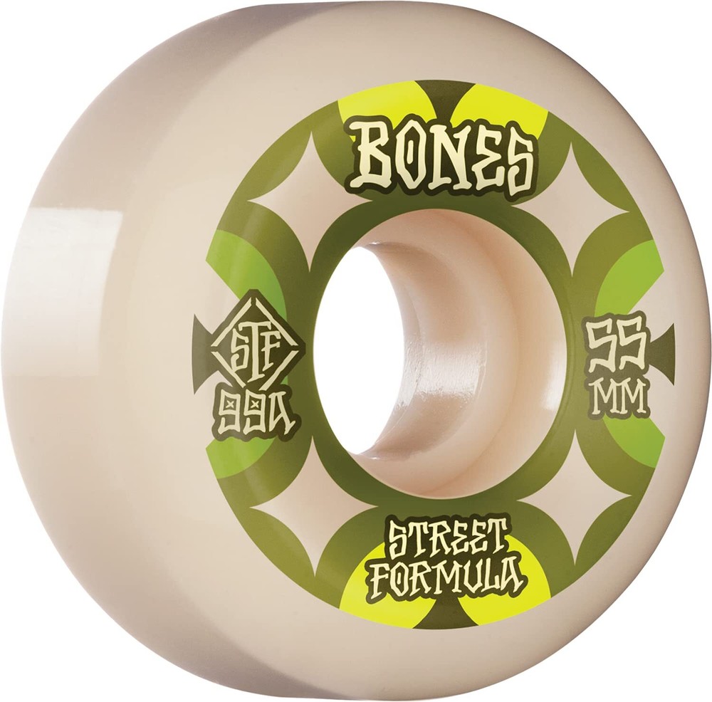Bones Wheels Street Tech Formula V5 Retros 55mm 99a White Green Skateboard Set of 4