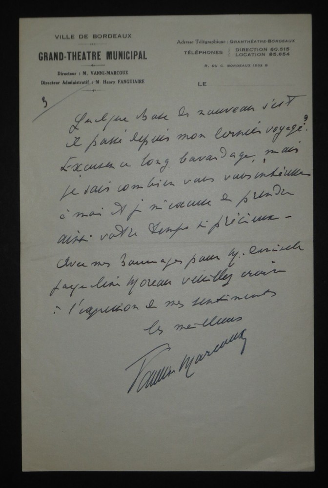 MARCOUX Giovanni SIGNED AUTOGRAPH LETTER, LARGE MUNICIPAL THEATRE BORDEAUX