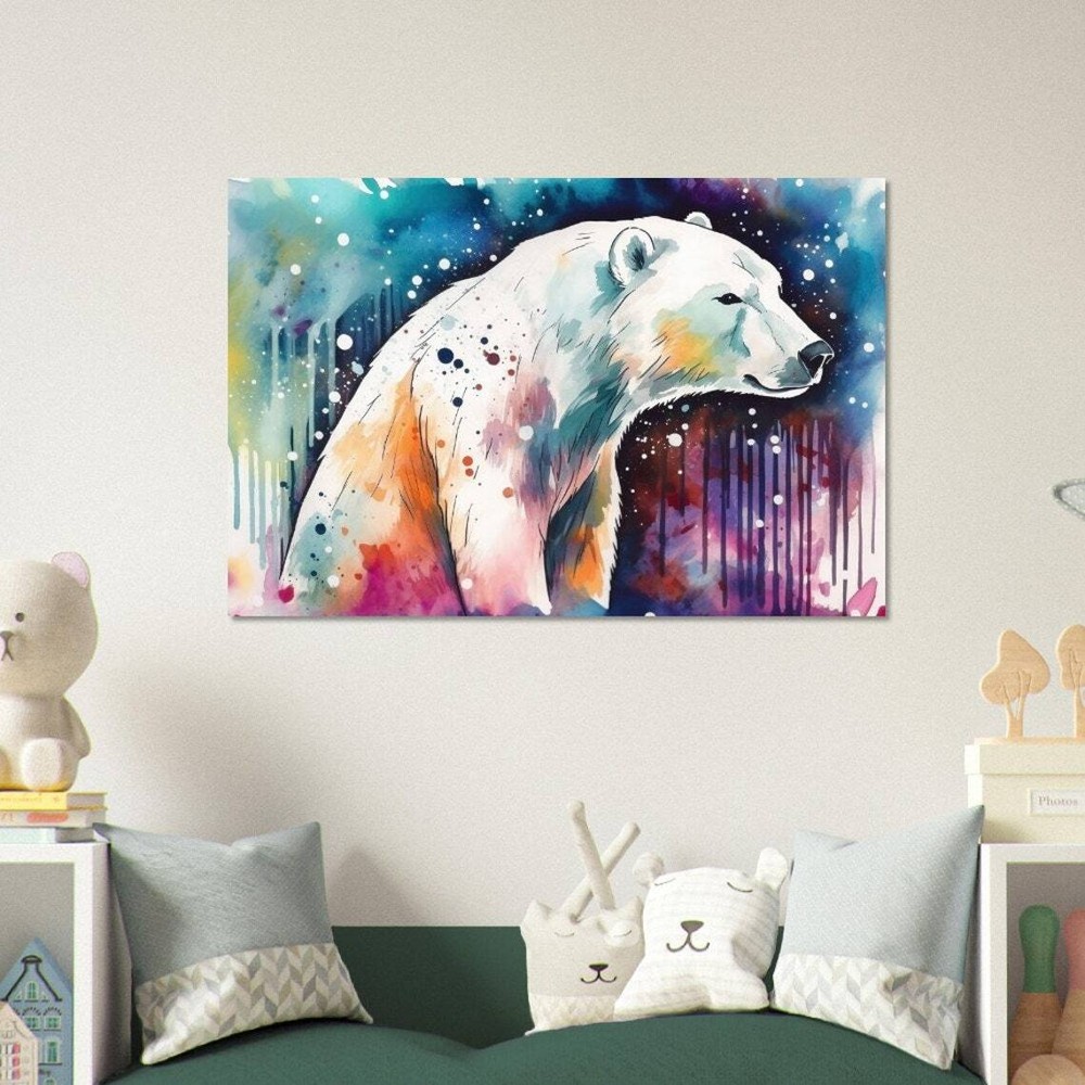 Arte de pared de oso polar acuarela arco iris lienzo arte impreso sin marco