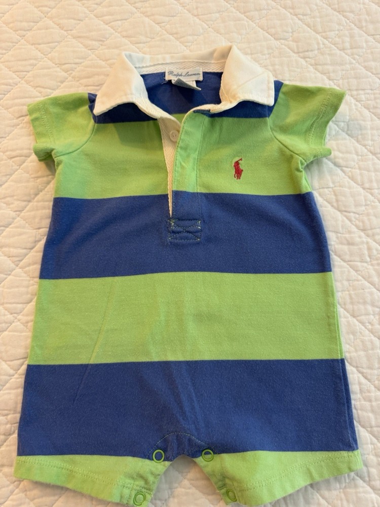 Baby Boy Ralph Lauren Short Alls 3 Mo Blue/Green Cotton One Piece Spring Summer