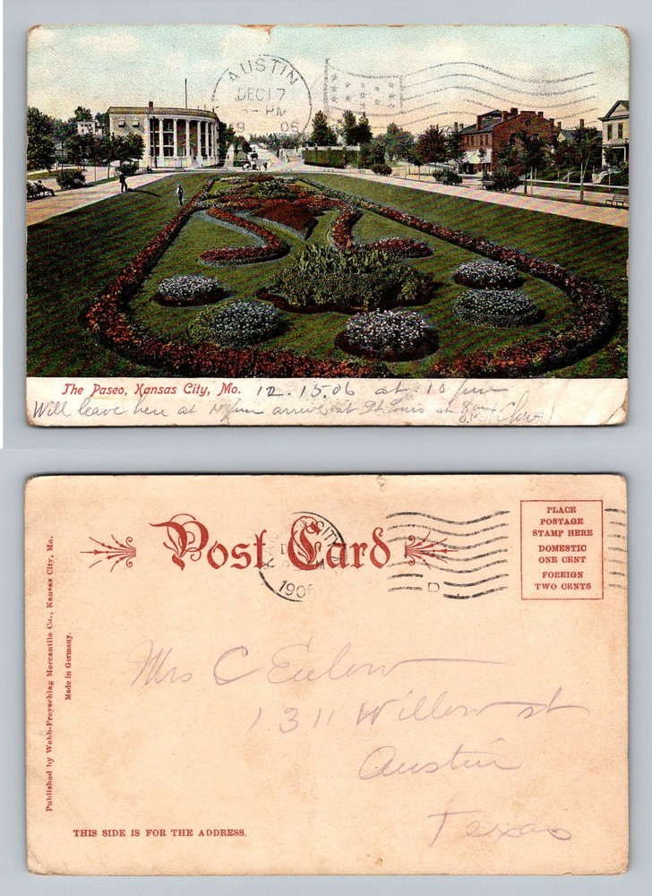 Kansas City, MO-Missouri, The Paseo Formal Garden Walkway Vintage c1906 Postcard