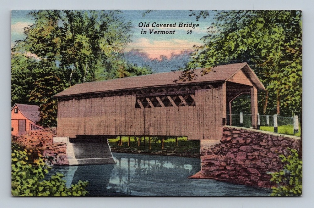 Vintage Old Covered Bridge Vermont Linen Postcard by Riverside Paper