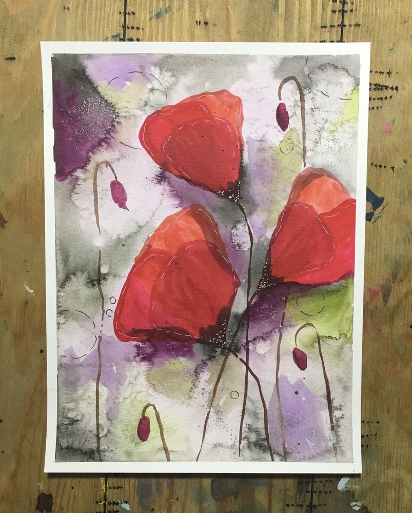 Maria Scalf Flowers Floral Abstract Botanical Poppy Watercolor Signed Art 9x12