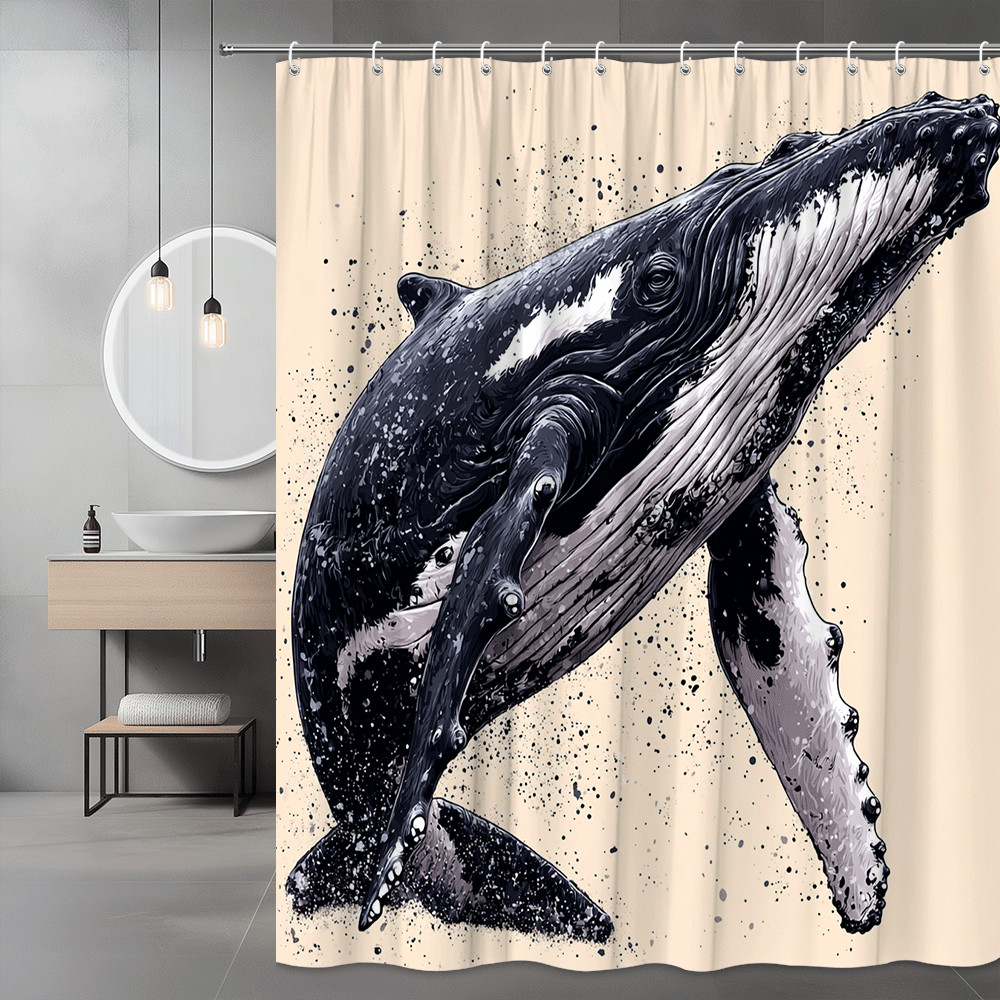 Whale Shower Curtain Black White Ocean Graphic Print