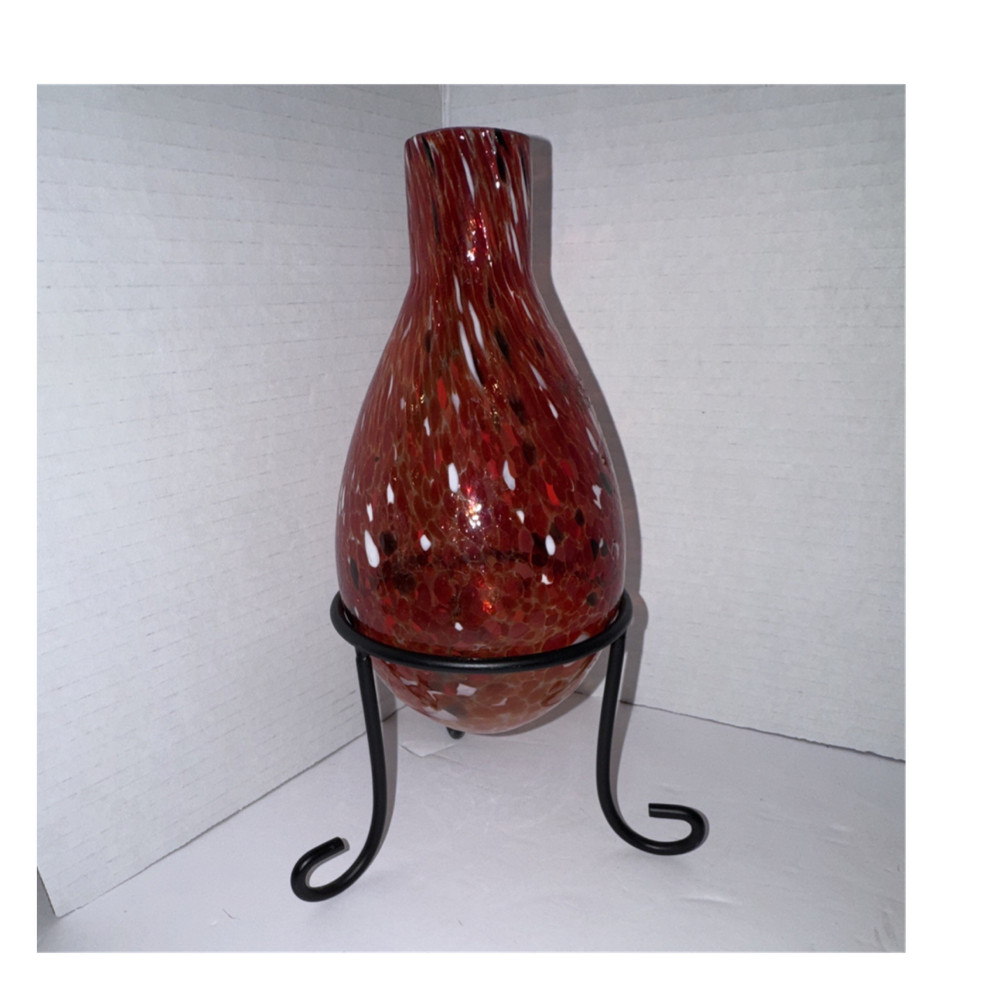 Red Hand Blown Glass Art Vase with Metal Stand, 10