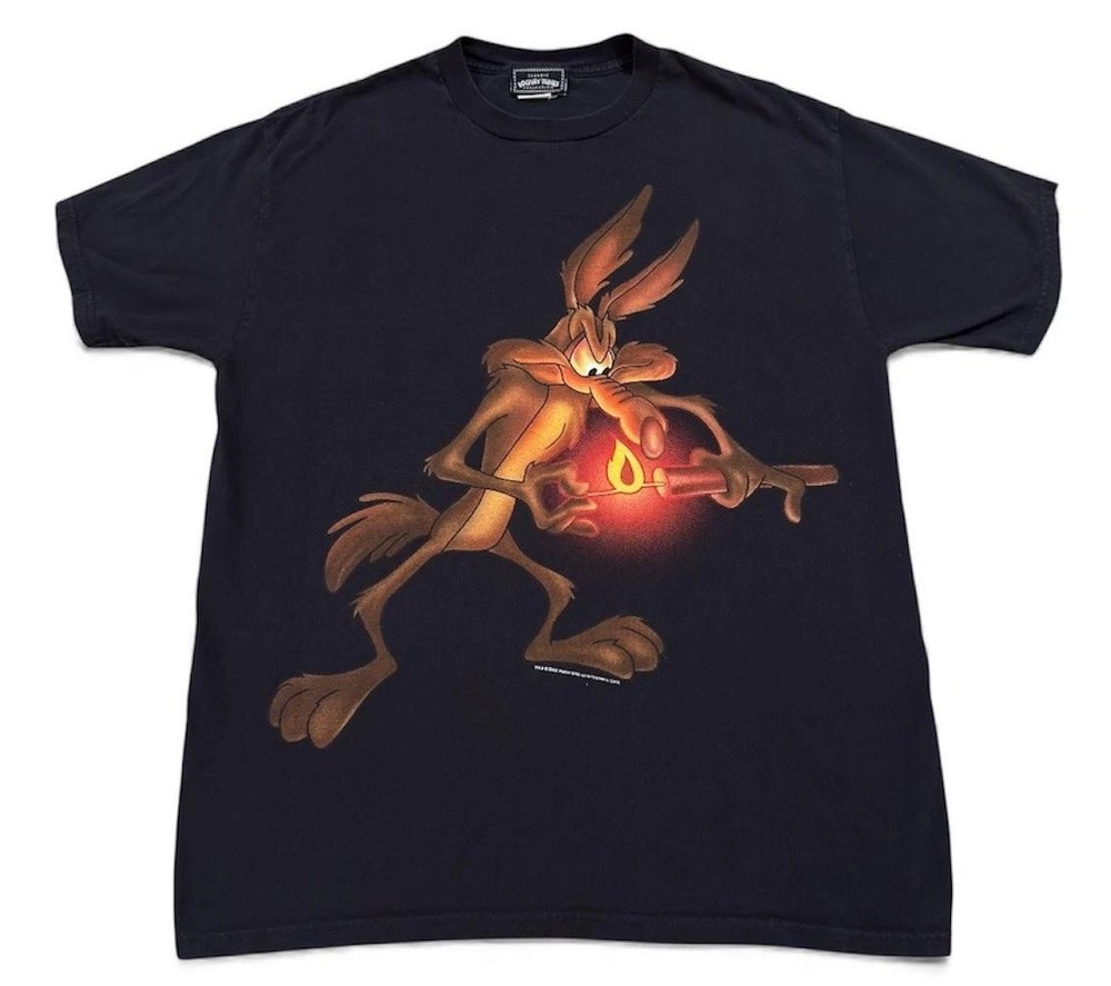 Vintage Wile E Coyote Shirt Mens Large Black Looney Tunes Graphic Giant Y2K