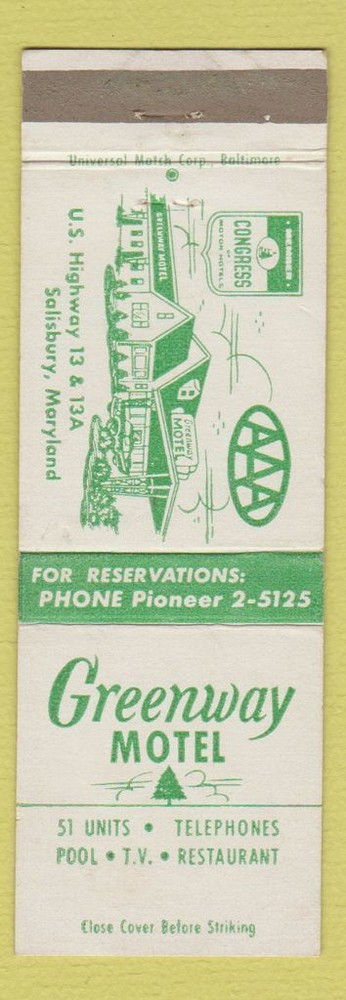Matchbook Cover - Greenway Motel Salisbury MD