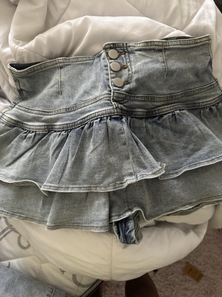 Denim Ruffle Mini Skirt Blue Button High Waist XL Women Short Casual