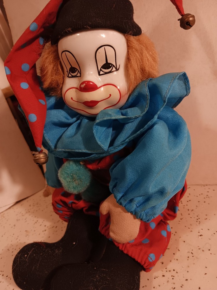 Vintage Q-Tee Clown Doll Hand-Painted Face with Fur Hair and Sand Fill