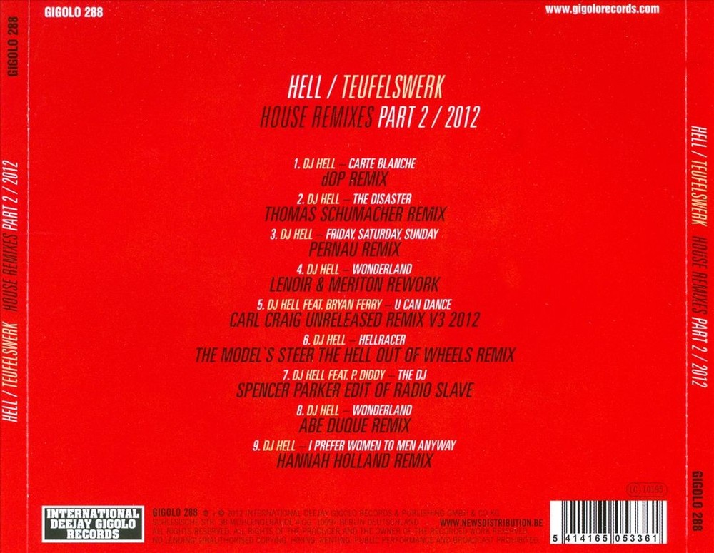 Dj Hell Teufelswerk: House Remixes, Pt. 2 New Cd