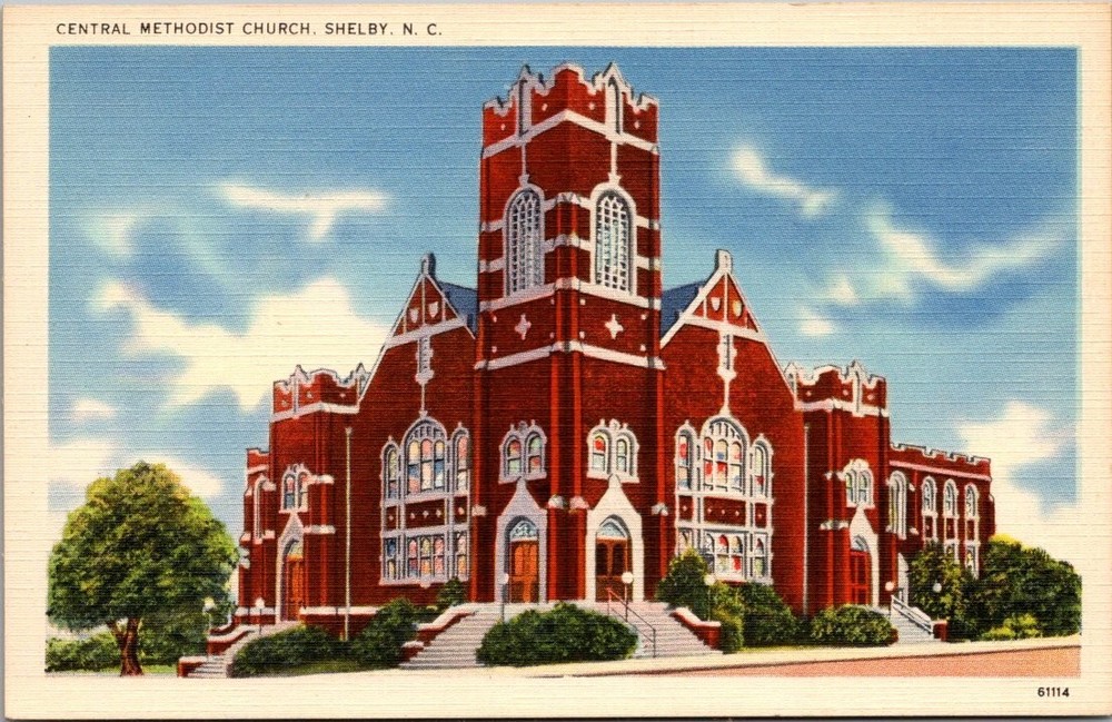 Central Methodist Church Shelby NC 1930s Linen Postcard Tichnor Quality View