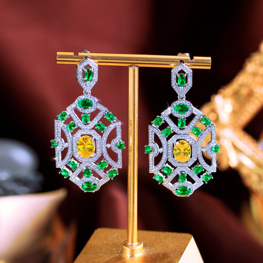 Silver Plated CZ Yellow Green Oval Long Geometric Dangle Drop Earrings for Women