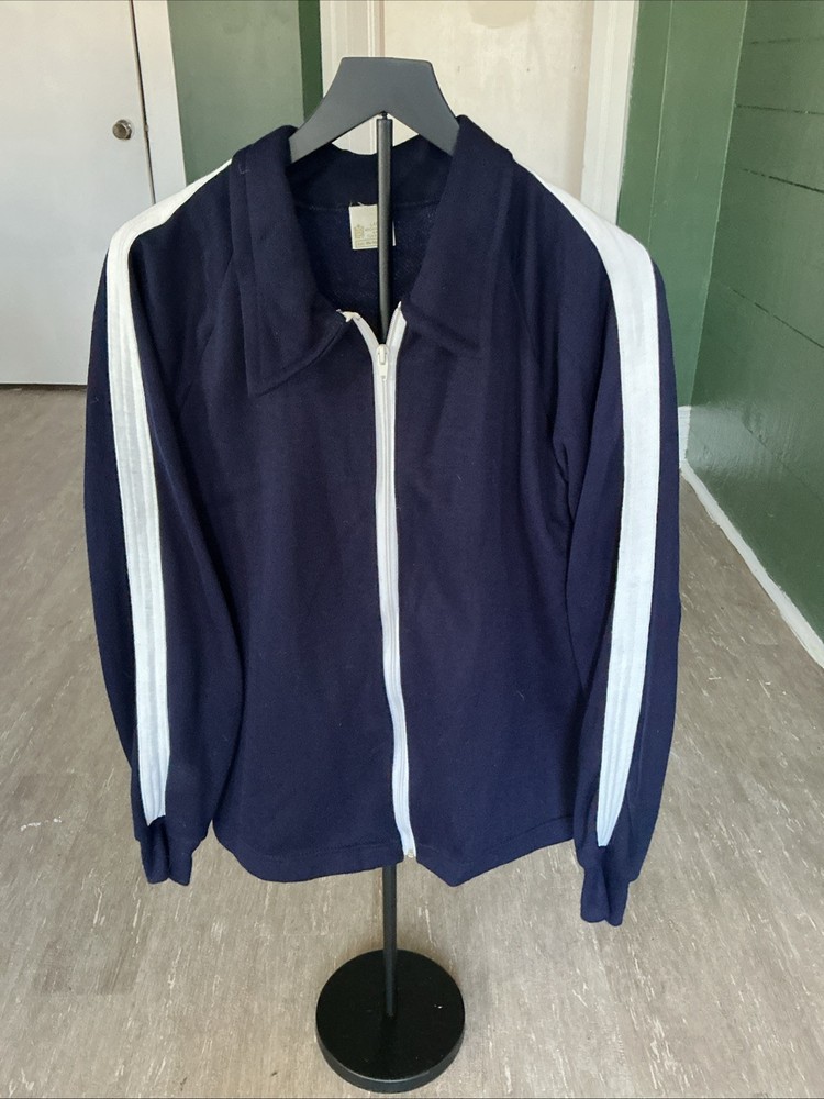 SEARS KINGS ROAD VTG 70s RETRO FULL ZIP TRACK JACKET STRIPE ACTIVE SPORT BLUE L
