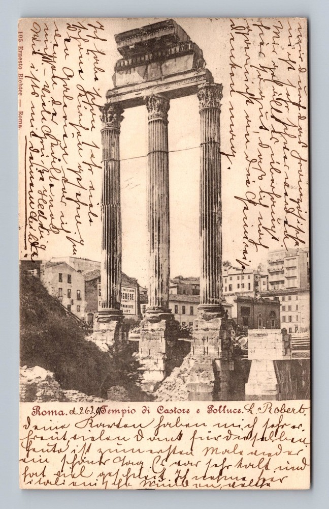 Italy- Rome Castor Temple Ruins Souvenir Postal Old Card View Vintage Postcard