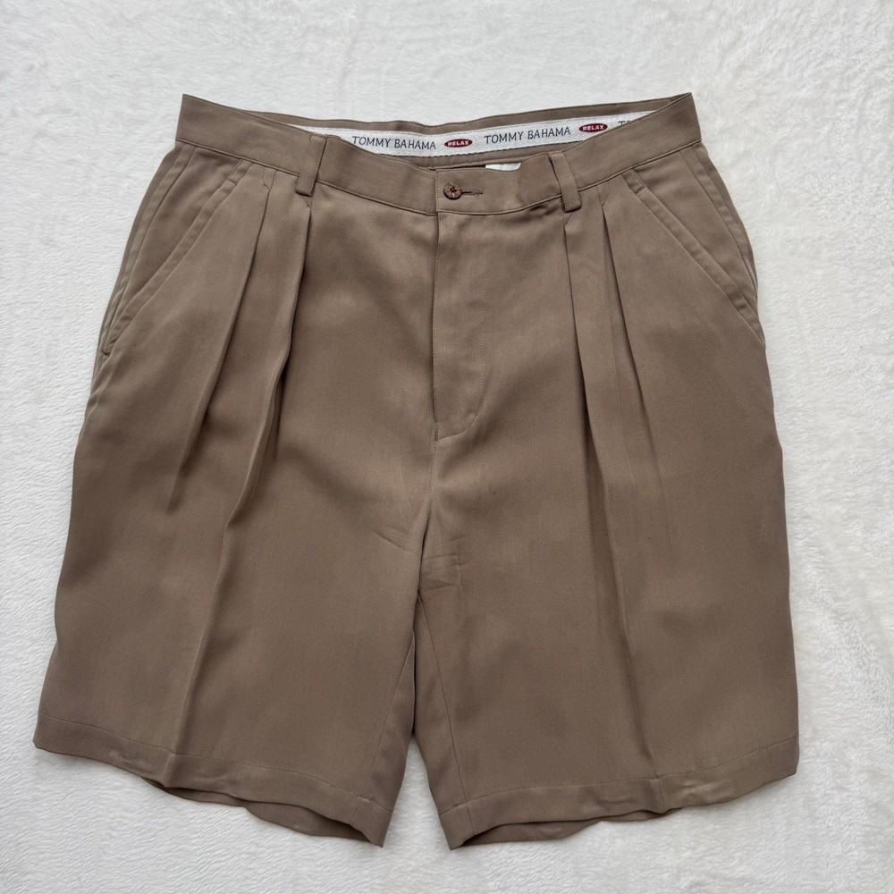 Tommy Bahama Shorts Mens 35 Brown Relax Silk Blend Pleated Herringbone Island