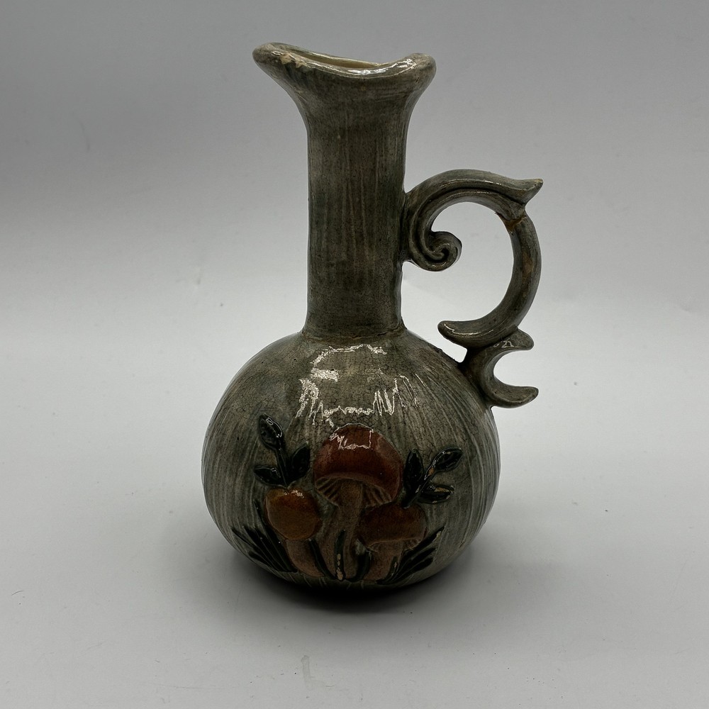 Vintage Hand-Painted Mushroom Vase Pottery Art Glazed Studio Folk Art Pitcher