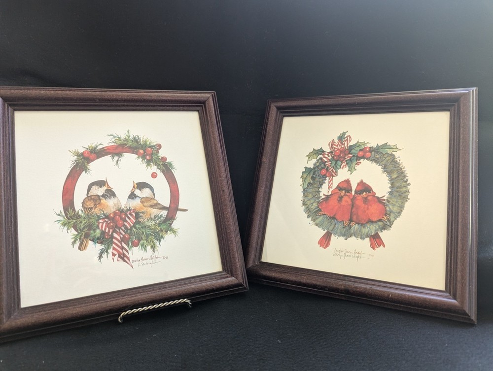 Set of 2 Signed Carolyn Shores Wright Christmas Cardinal & Chickadee Prints
