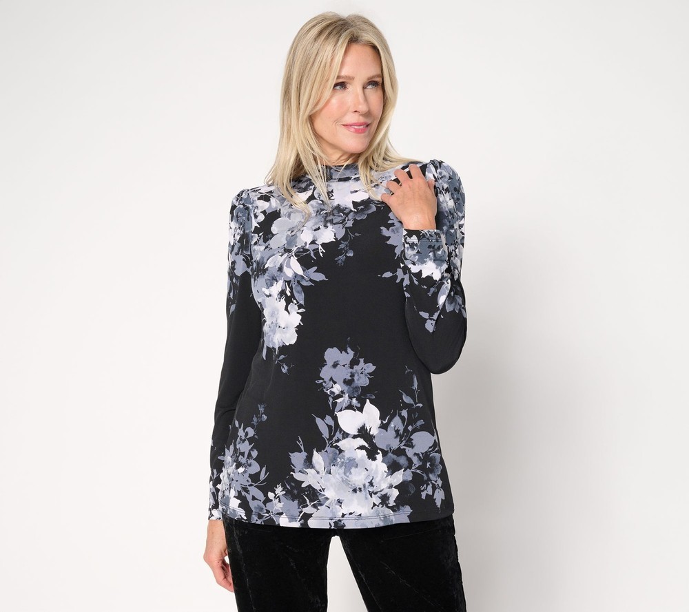 Susan Graver Women's Top Sz XS Printed Liquid Knit Black/Double Espress A673959