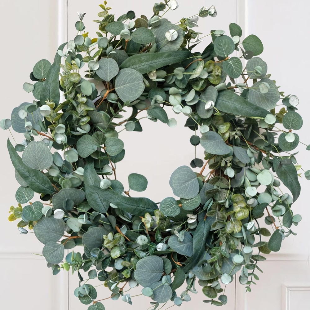 22 Inch Eucalyptus Wreath with Denim Bow for Front Door