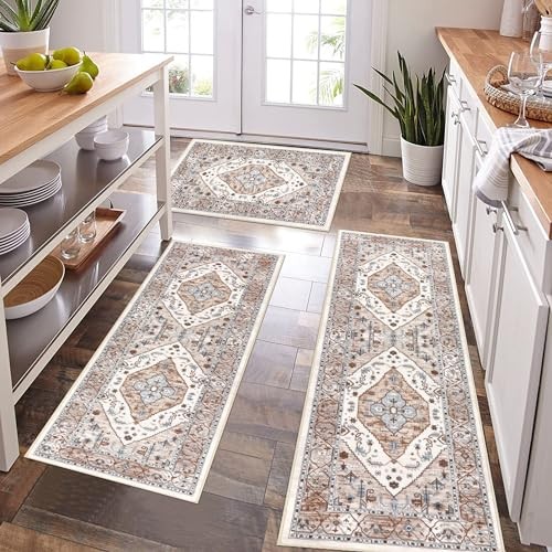 Farmhouse Kitchen Rugs Sets of 3, Kitchen Runner Rugs Non Slip Washable, Boho