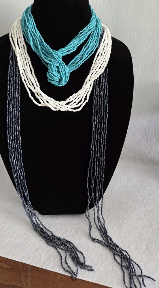 Vintage BOHO Glass Seed Bead Necklace Red Blue White Grey Bohemian Multi-strand