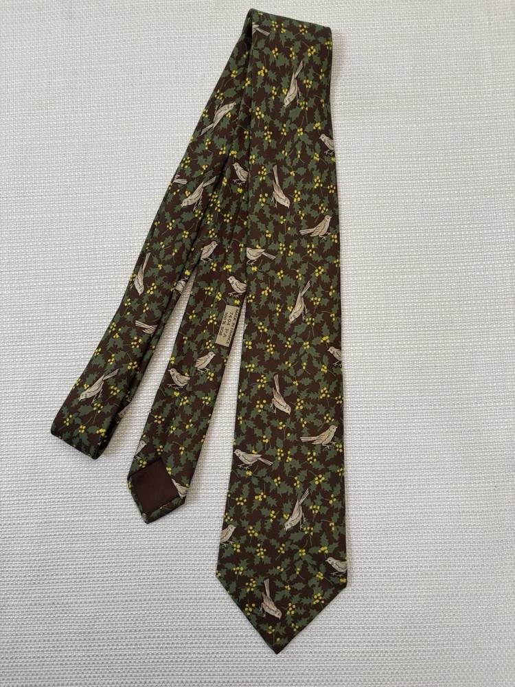 HERMES 100% Silk Classic Neck Tie Brown Green & Birds Made in France 7404 PA