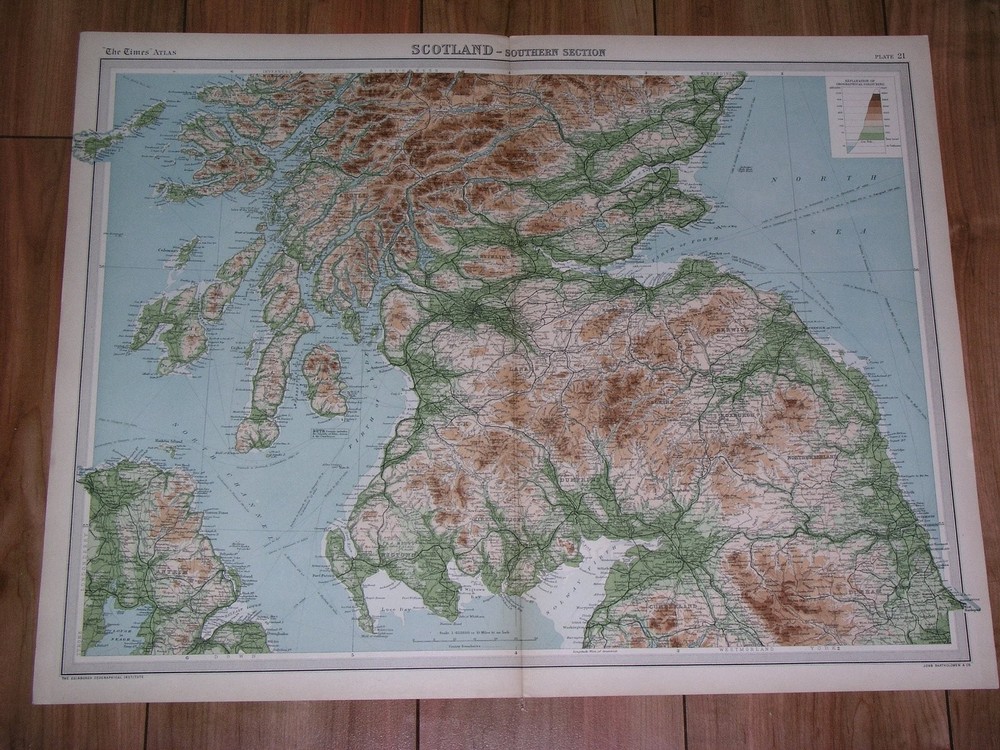 1922 Antique Map Of Southern Scotland / Edinburgh Glasgow Kintyre Islay Arran