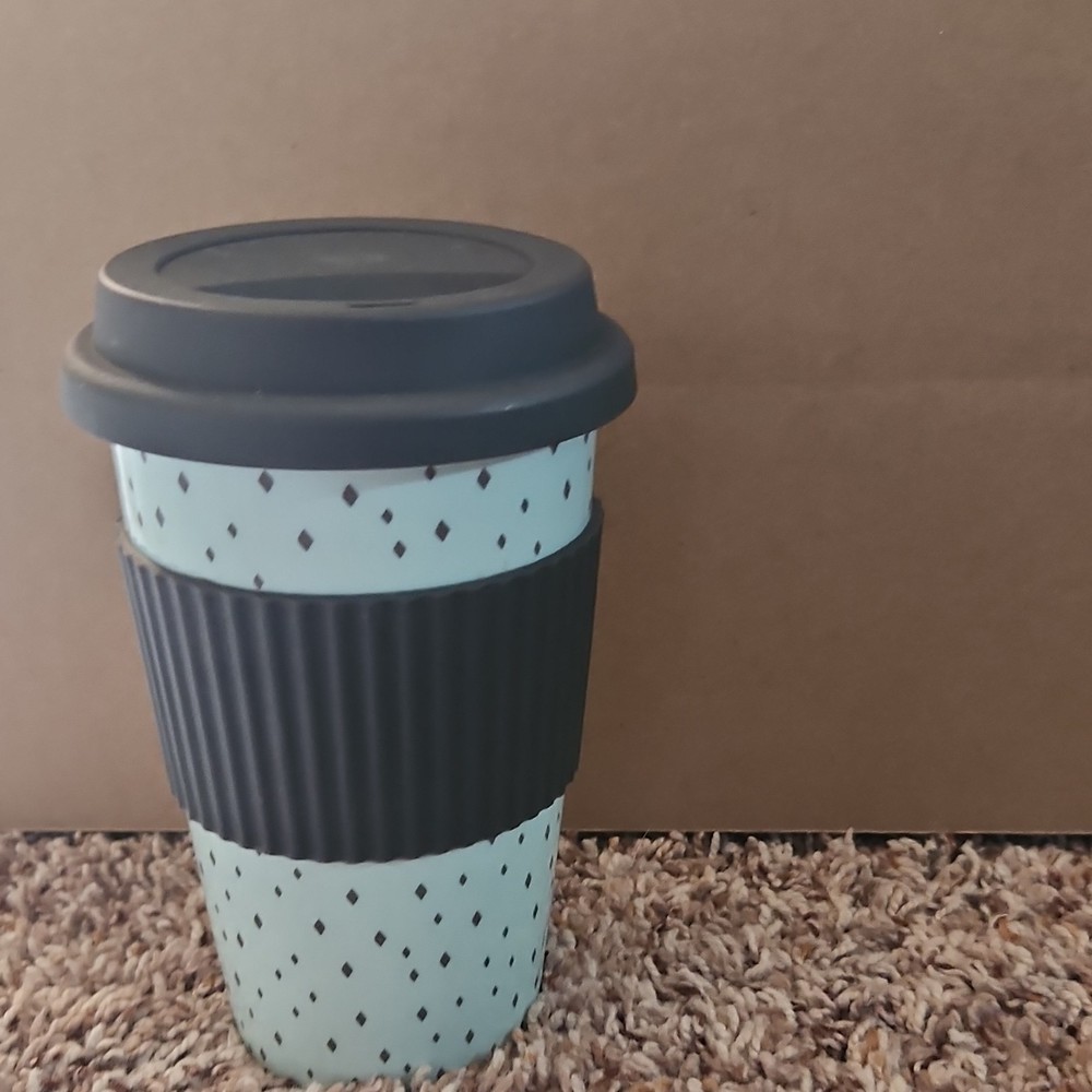 Light Blue Polk-a-Dot Ceramic Travel Mug w/ Silicone Lid - Microwave Safe