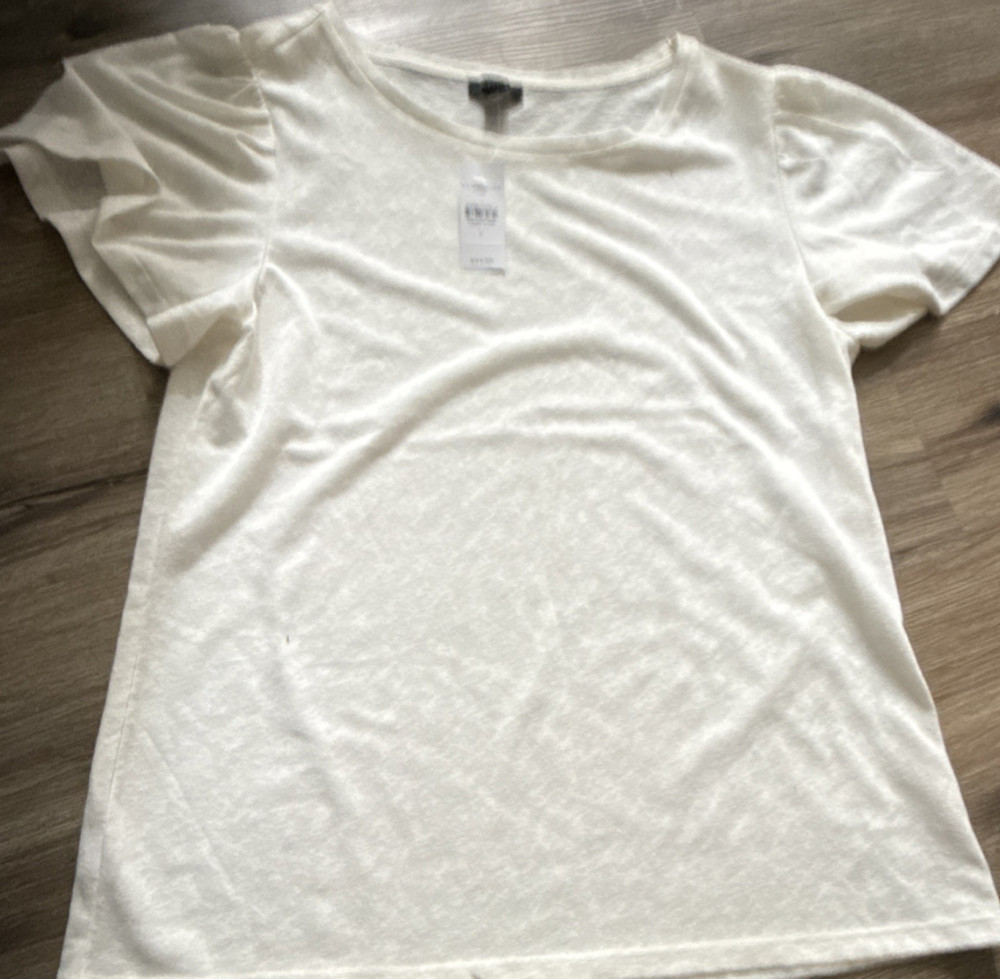 Ann Taylor Factory Ivory Ruffle Sleeve Crew Neck Blouse Size L