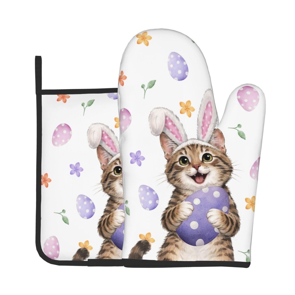 Easter Oven Mitts and Pot Holders Sets Easter Eggs Oven Mitts Pink Bunny Rabb...