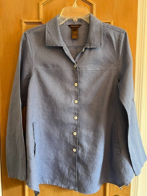 Multiples Linen Tunic Top S Small Slate Blue Roll Tab Long Sleeve Button Shirt