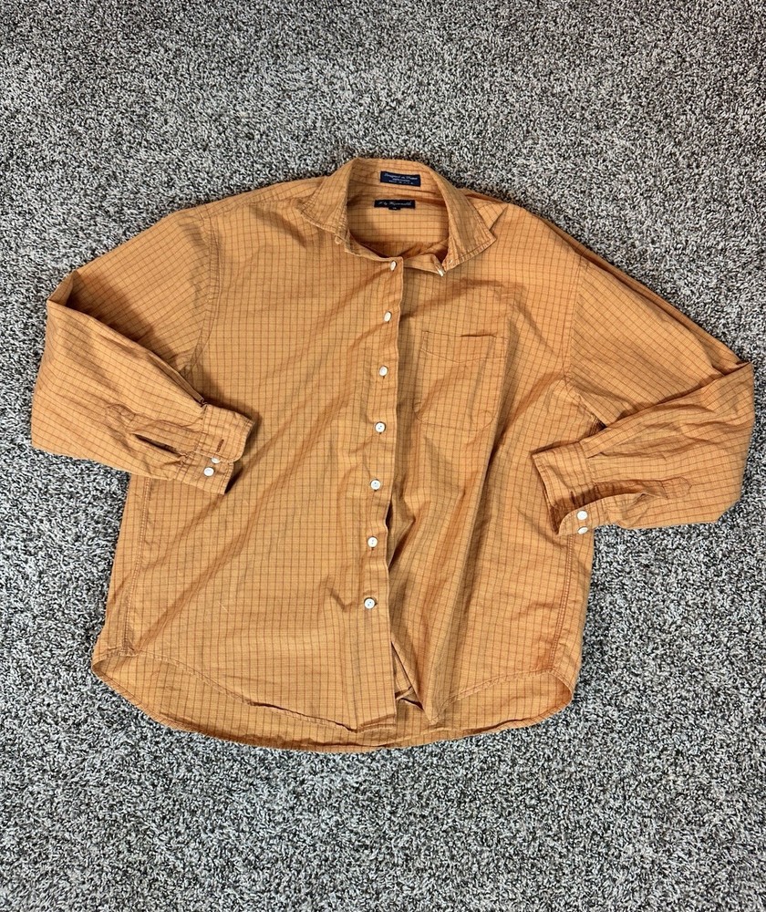 Faconnable Men Size XL Orange Check Cotton Long Sleeve Casual Shirt