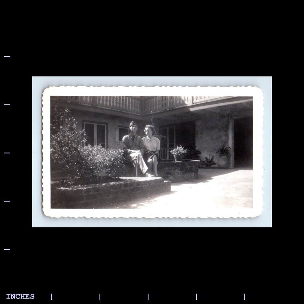 Old Vintage Photo LEGGY WOMAN ARMY MAN SOLDIER SWEETHEART SITTING OUTSIDE