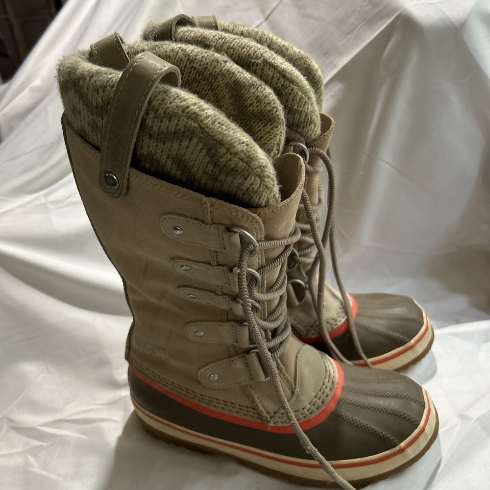 Sorel Joan Of Arctic Women's Waterproof Knit Boots Size 6 Tan Suede Insulated Winter Shoes