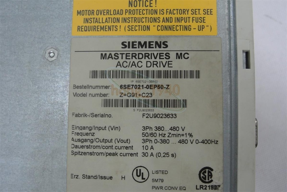 One Used Siemens Main Drive 6Se7021-0Ep50-Z Z=G91+C23