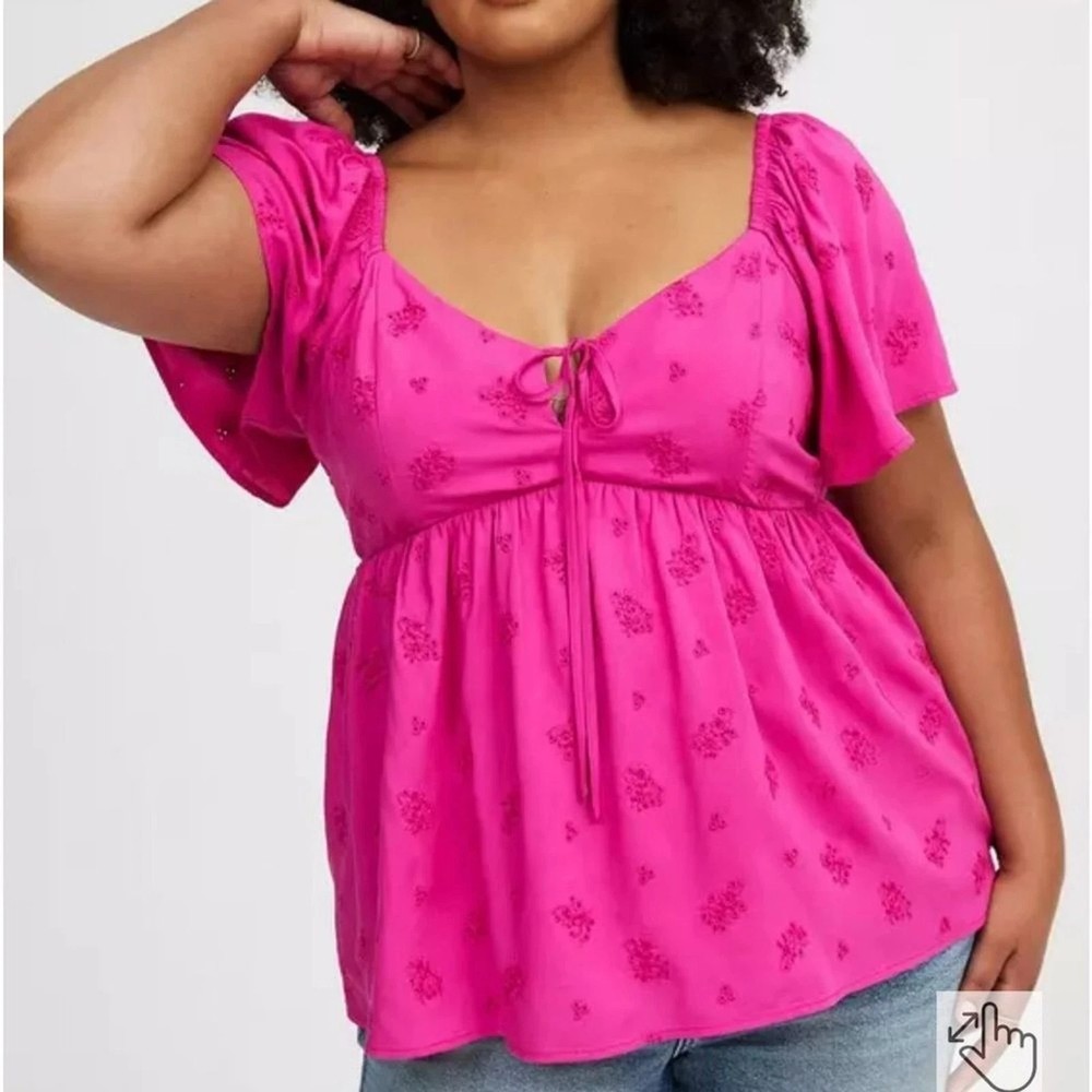Torrid Top Women 2X Pink Peplum Eyelet Flutter Sleeve Boho Cottagecore Flowy NWT