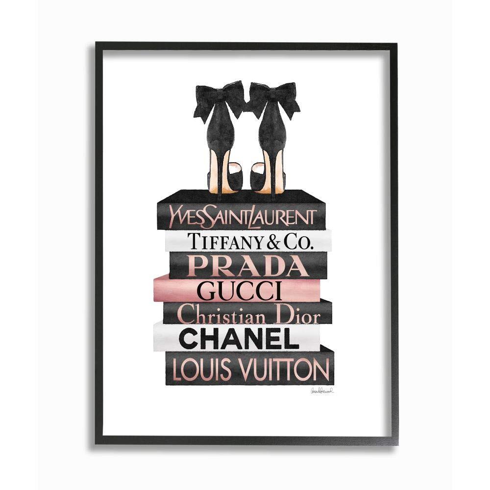 Elegant Black Bow Heals on Glam Designer Bookstack Wall Art, 16x20, White