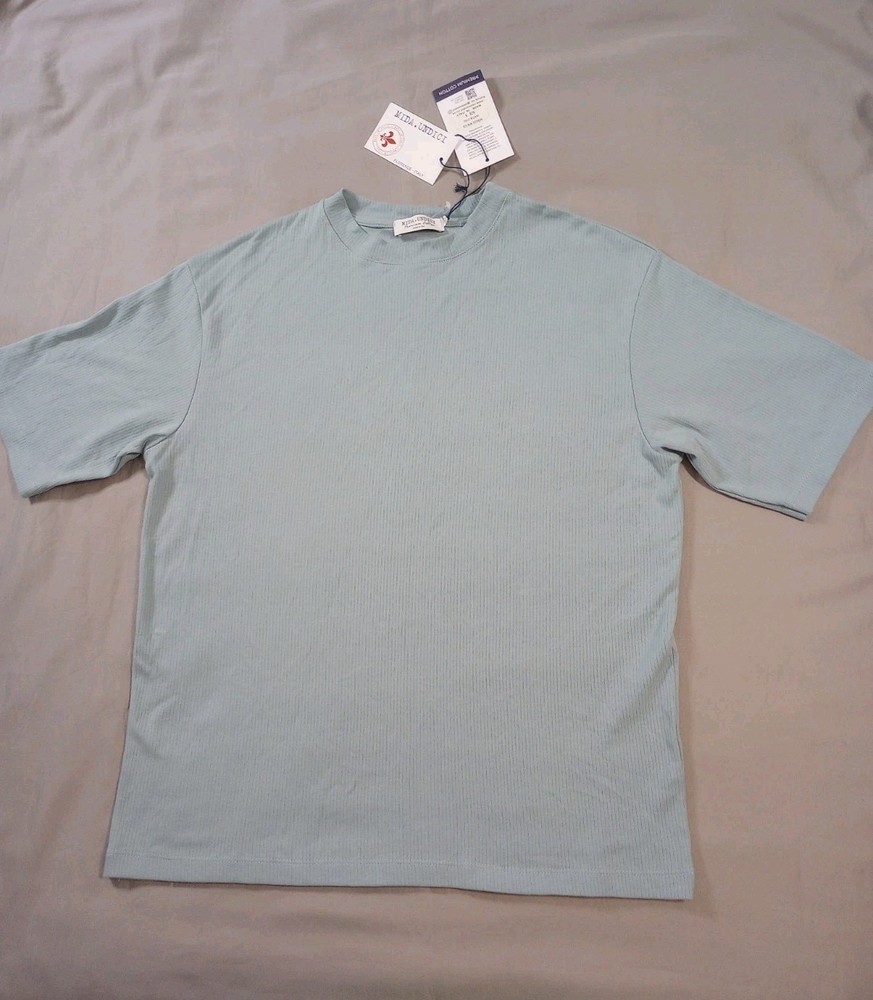 Mida Undici Shirt Mens Small Light Blue Ribbed Short Sleeve Made in Italy